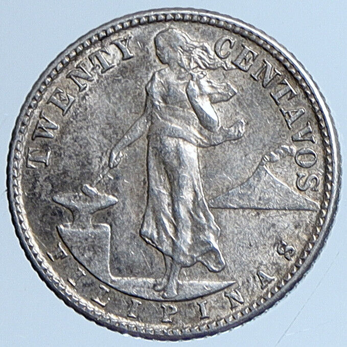 1945 D PHILIPPINES Under US Administration Eagle Silver 20 Centavos Coin i113663