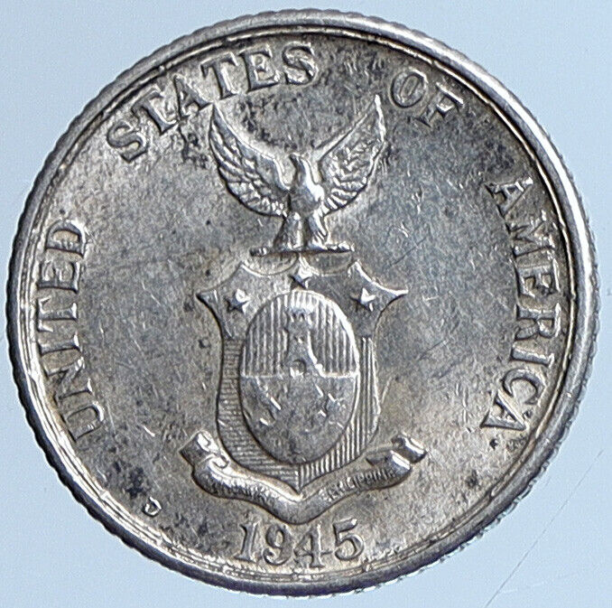 1945 D PHILIPPINES Under US Administration Eagle Silver 20 Centavos Coin i113663