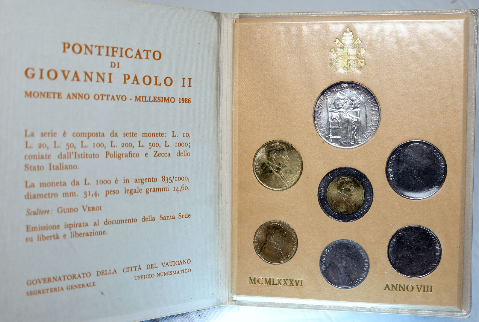 1986 VATICAN Pope JOHN PAUL II 1000L 200L Old Set of 7 Coins 1 is Silver i114420
