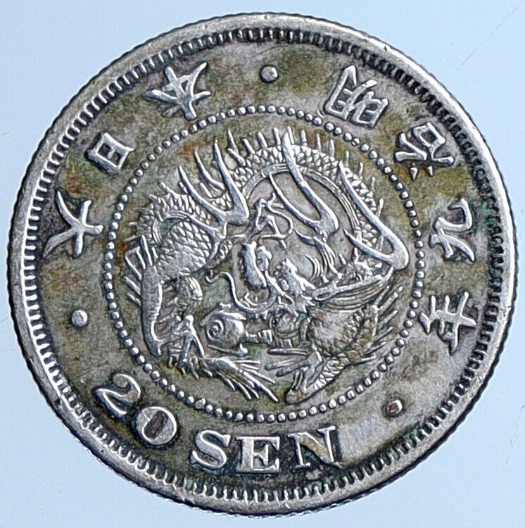 1876 Yr 9 JAPAN Emperor MEIJI Silver Antique Silver JAPANESE 20 Sen Coin i113812