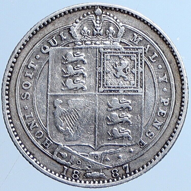 1887 UK Great Britain United Kingdom QUEEN VICTORIA Silver Shilling Coin i113813