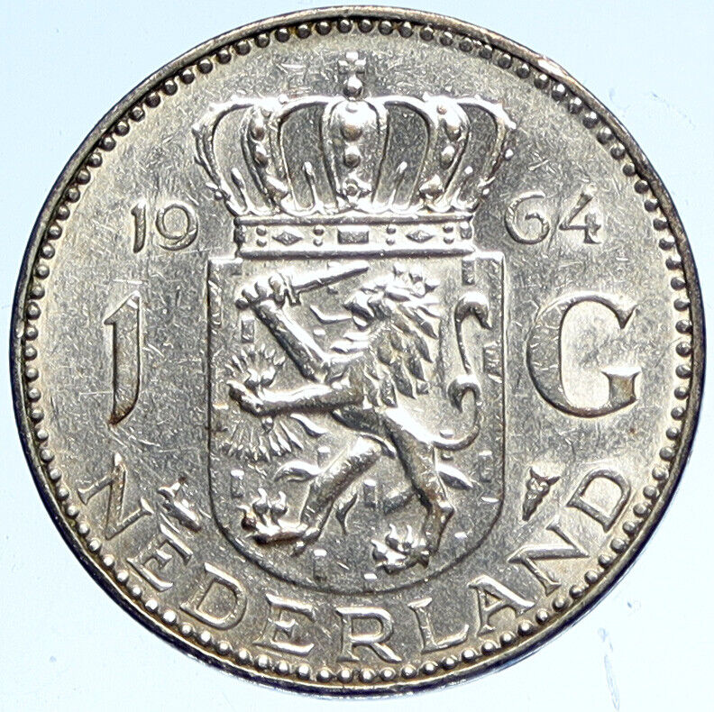 1964 NETHERLANDS Queen JULIANA Vintage Authentic SILVER OLD Gulden Coin i112480