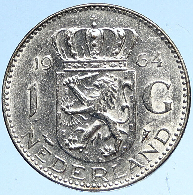 1964 NETHERLANDS Queen JULIANA Vintage Authentic SILVER OLD Gulden Coin i112481