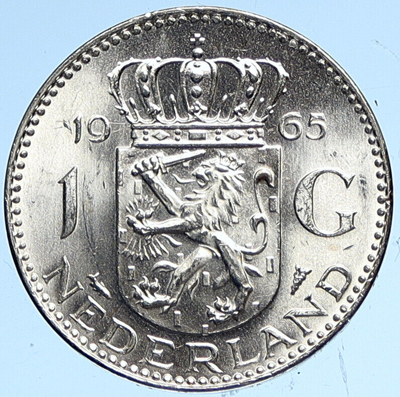 1965 NETHERLANDS Kingdom Queen JULIANA Vintage OLD Silver 1 Gulden Coin i112482