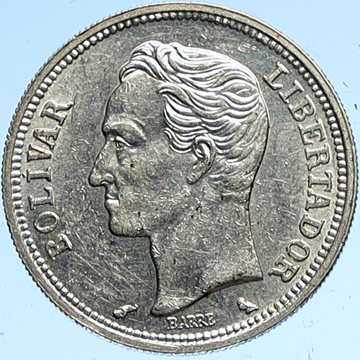 1965 VENEZUELA Freemason Simon Bolivar Founder Old Silver 1 Bolivar Coin i112484