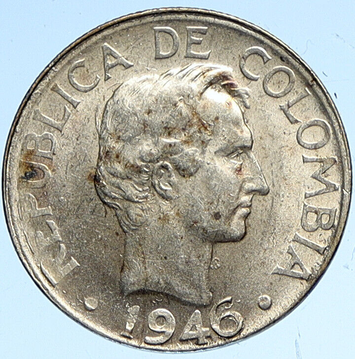1946 COLUMBIA Simon Bolivar Eagle Shield Genuine Silver 20 Centavos Coin i112485