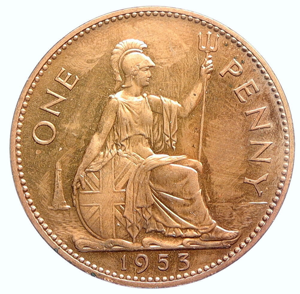 1953 UK Great Britain QUEEN ELIZABETH II Britannia Proof 1 Penny Coin i112477