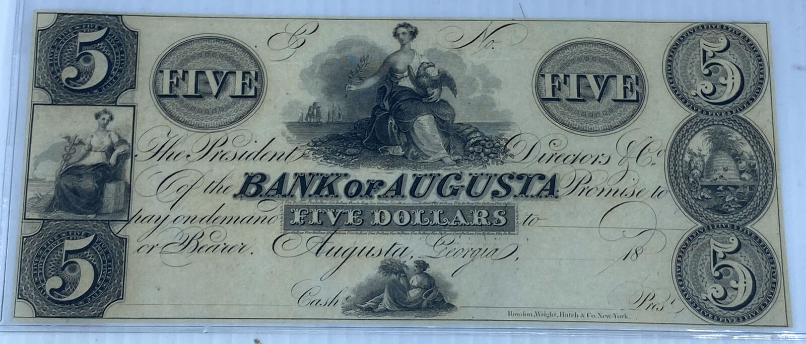 1830-50 USA Georgia BANK of AUGUSTA Authentic OLD ANTIQUE 5 Dollar Bill i114469
