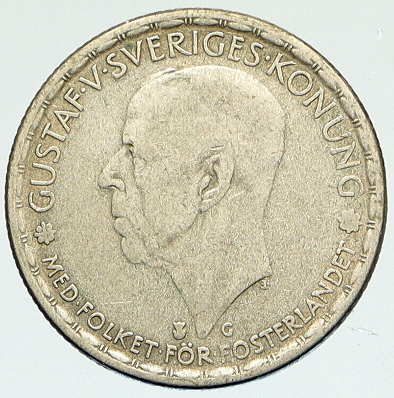 1943 Sweden KING GUSTAF V Crowned ARMS Antique Vintage Silver Krona Coin i112270