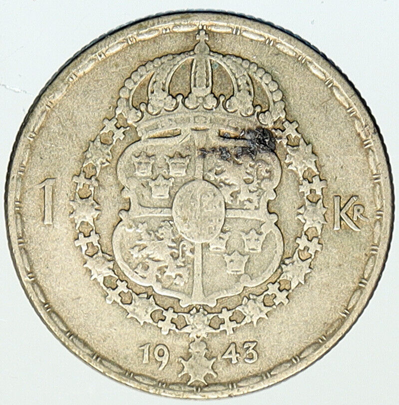 1943 Sweden KING GUSTAF V Crowned ARMS Antique Vintage Silver Krona Coin i112270