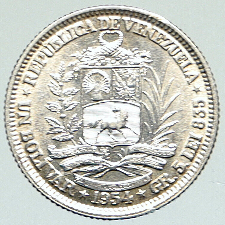 1954 Freemason President Simon Bolivar VENEZUELA Founder Silver 1B Coin i112273