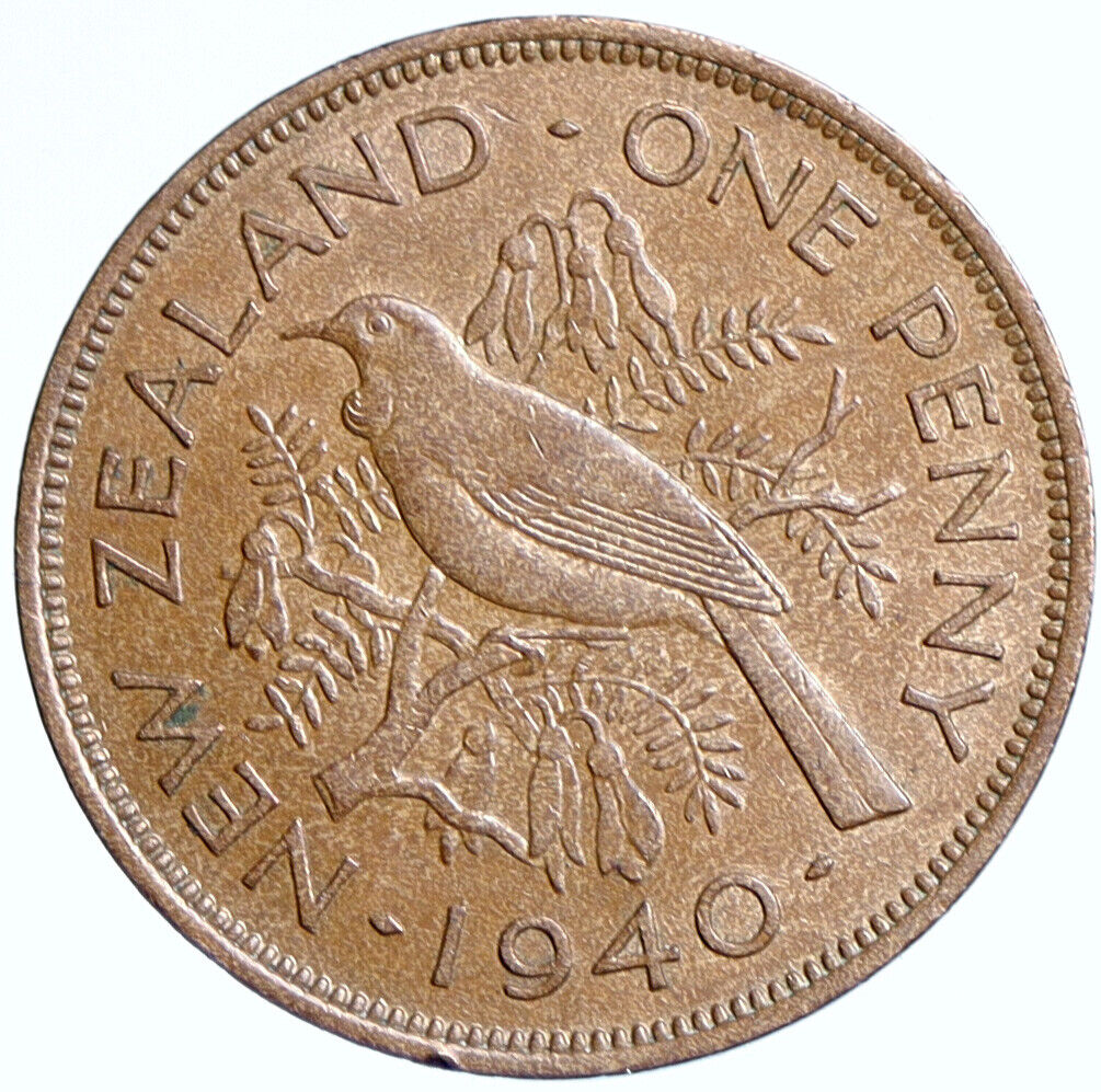 1940 NEW ZEALAND UK King George VI Tui Bird in Kowhai Tree Penny Coin i113930