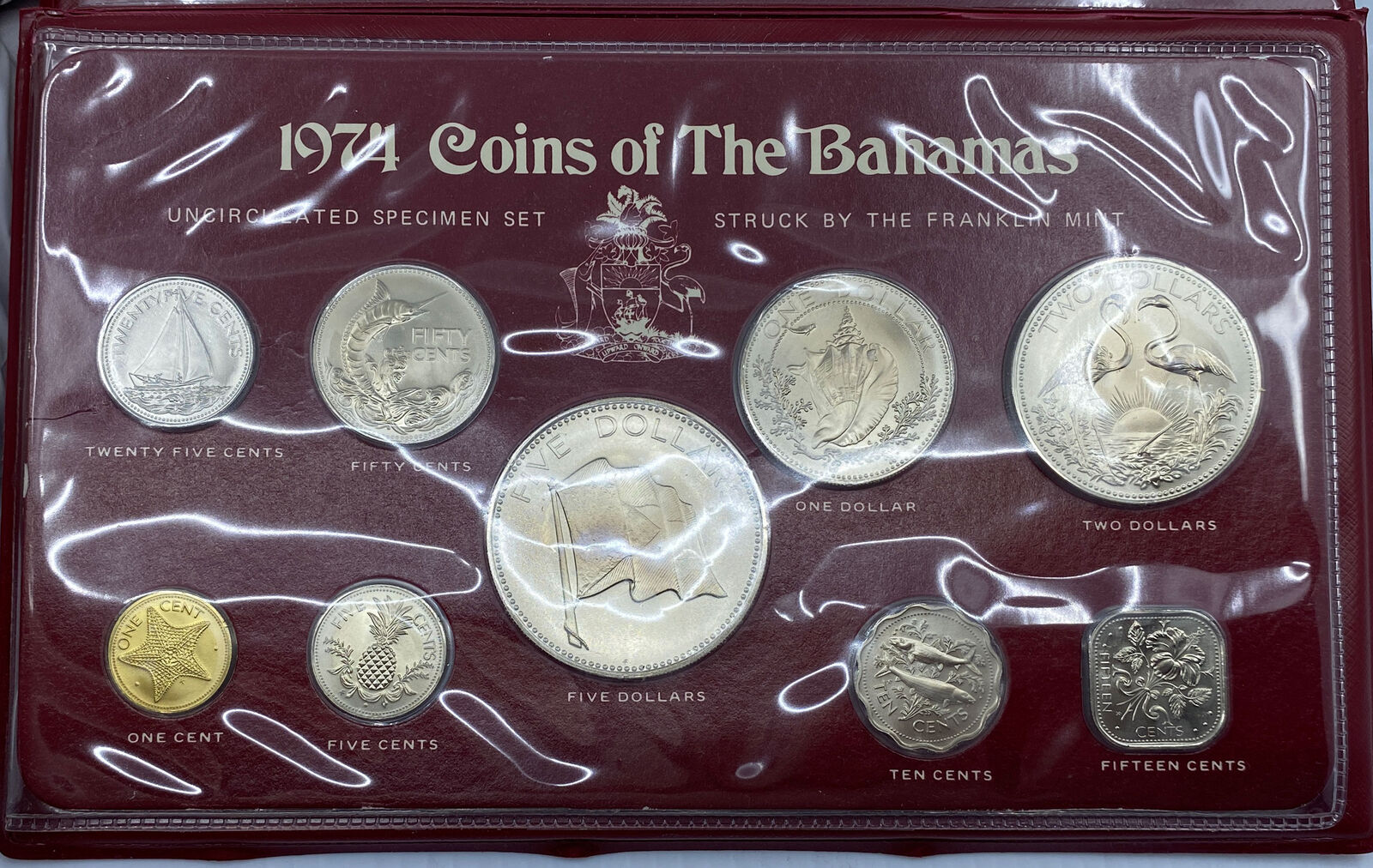 1974 BAHAMAS UK Queen Elizabeth II Shell Marlin 9 Coin Set 5 are Silver i114467