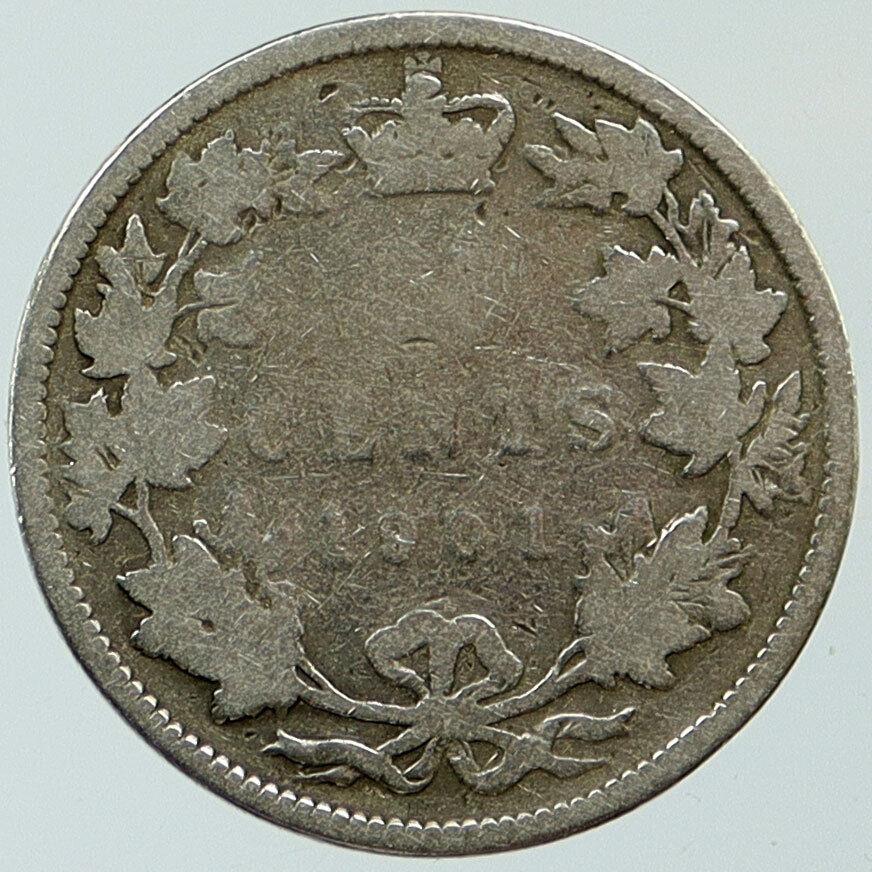 1901 CANADA UK Queen VICTORIA Authentic Antique OLD Silver 25 Cents Coin i115373