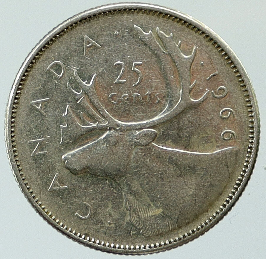1966 CANADA UK United Kingdom Elizabeth II CARIBOU Silver 25 Cent Coin i115371