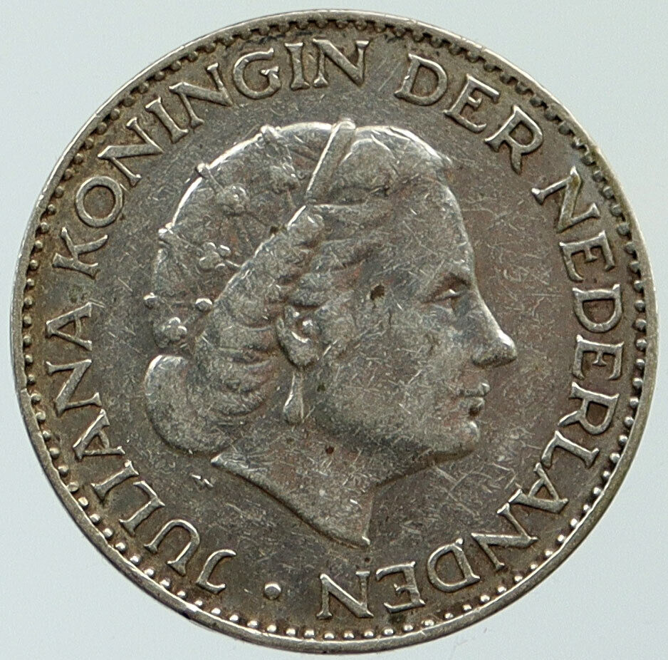 1955 NETHERLANDS Kingdom Queen JULIANA Vintage OLD Silver 1 Gulden Coin i115372