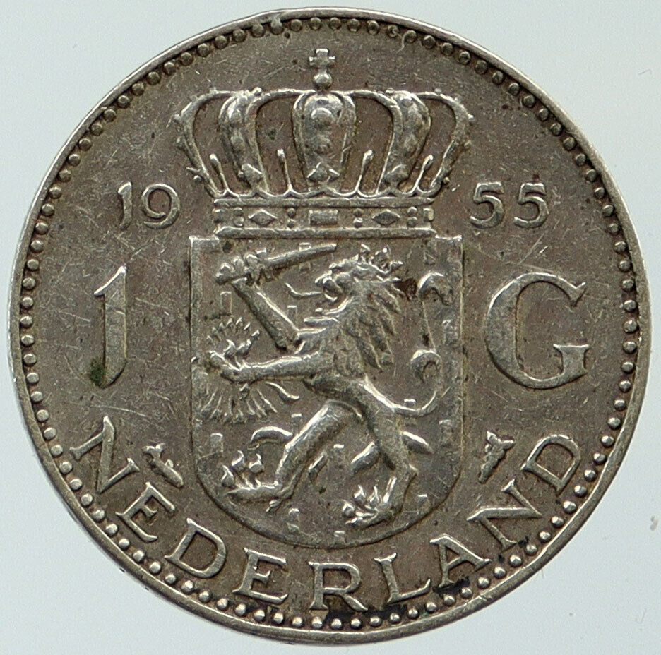 1955 NETHERLANDS Kingdom Queen JULIANA Vintage OLD Silver 1 Gulden Coin i115372