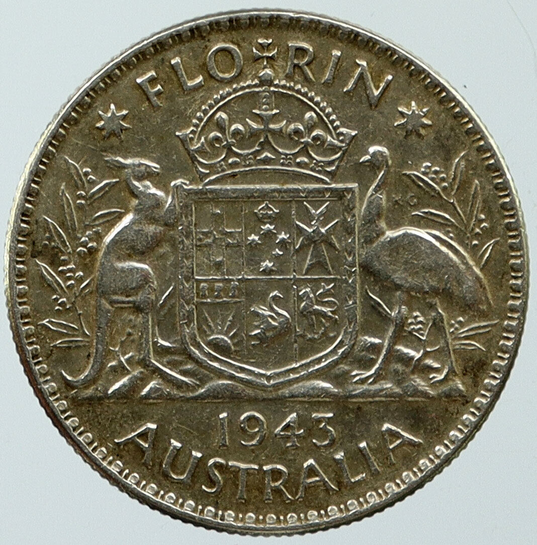 1943 AUSTRALIA Large King George VI Kangaroos OLD Silver Florin Coin i115379