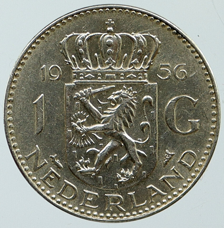 1956 NETHERLANDS Kingdom Queen JULIANA Vintage OLD Silver 1 Gulden Coin i115382