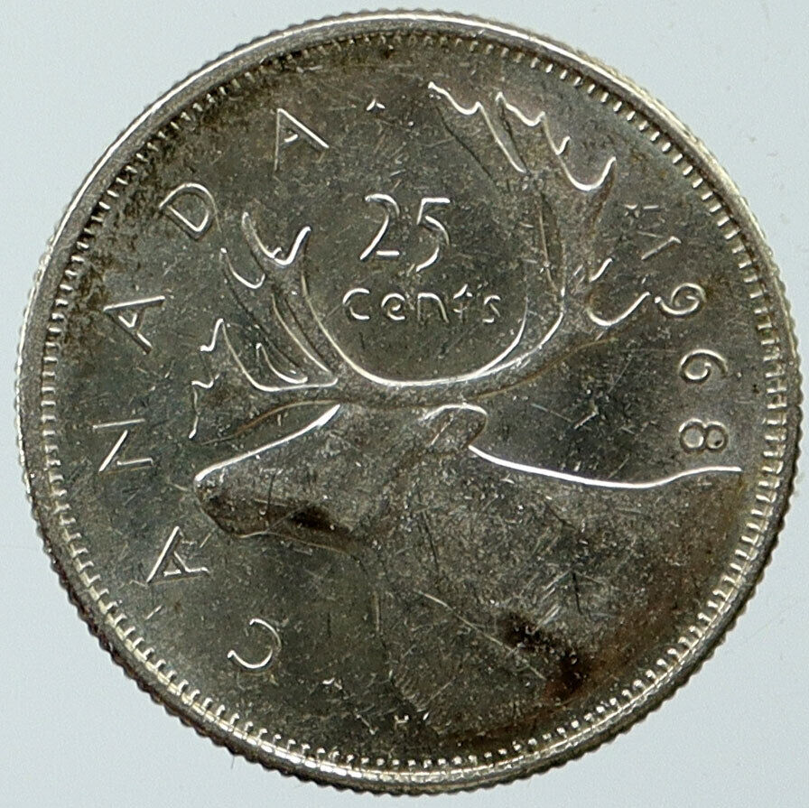 1968 CANADA United Kingdom UK Elizabeth II CARIBOU Silver 25 Cent Coin i115383