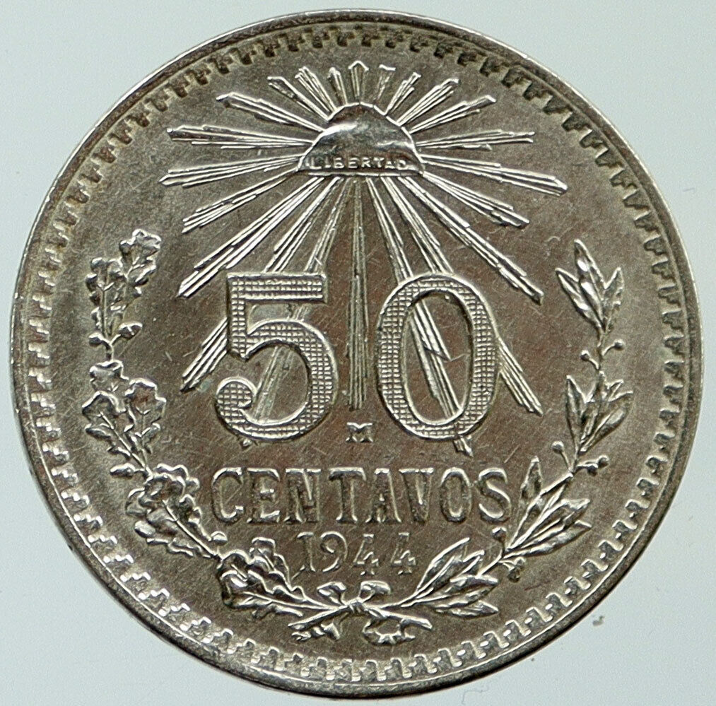 1944 M MEXICO City EAGLE CACTUS SERPENT Silver 50 Centavos Mexican Coin i115370