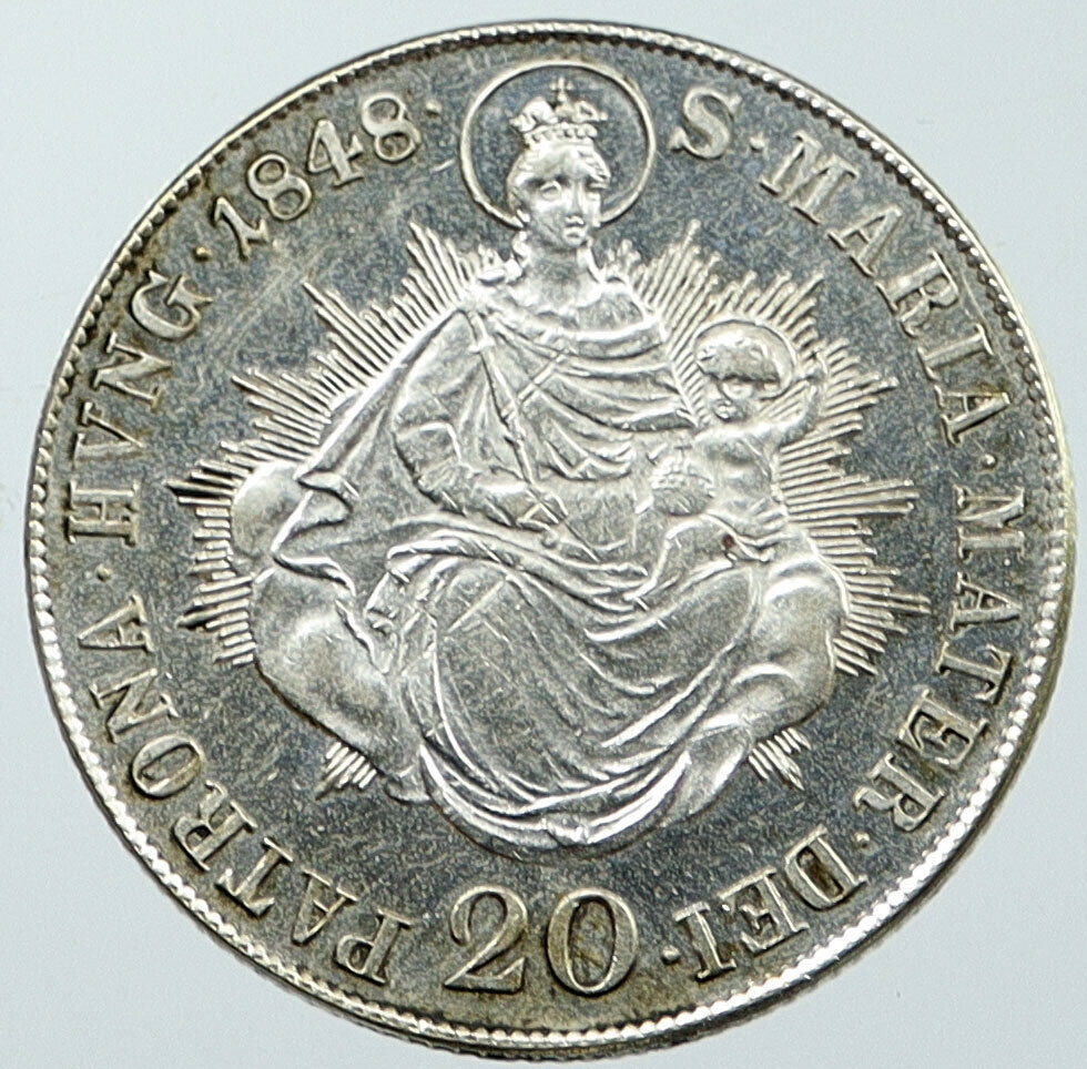 1848 B HUNGARY King Ferdinand V MADONNA Antique Silver 20 Krajczar Coin i116575