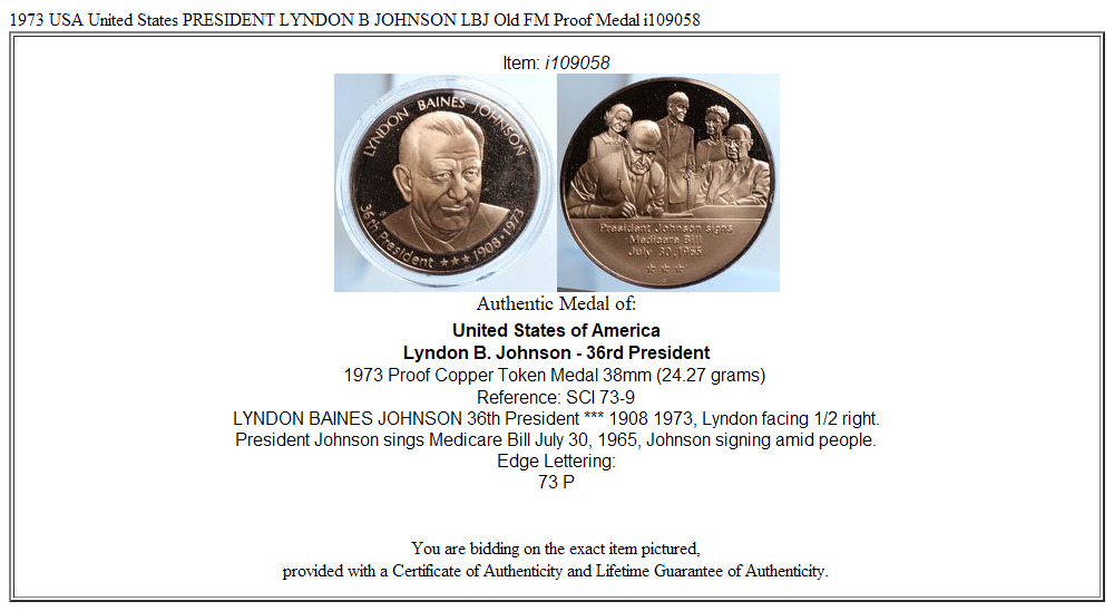 1973 USA United States PRESIDENT LYNDON B JOHNSON LBJ Old FM Proof Medal i109058