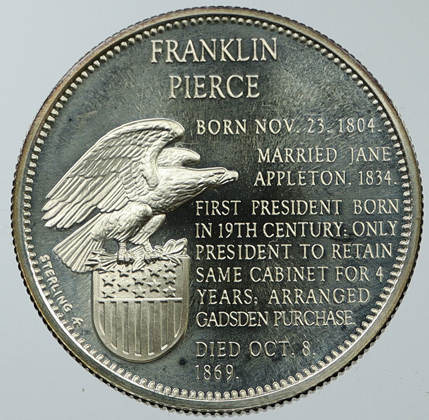 1970 USA United States PRESIDENT FRANKLIN PIERCE FM Proof Silver Medal i116611