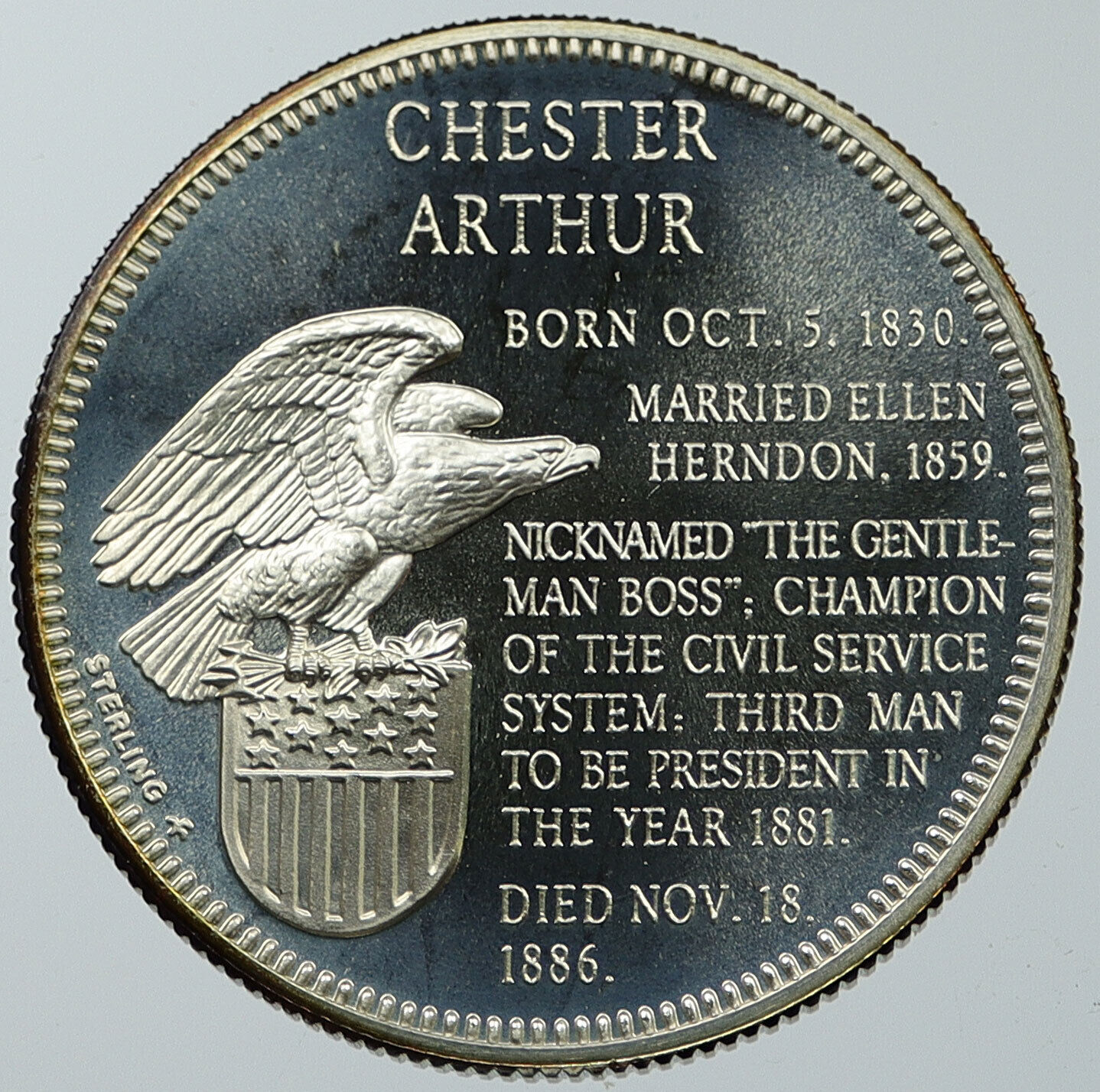 1970 USA United States PRESIDENT CHESTER ARTHUR FM Proof Silver Medal i116617