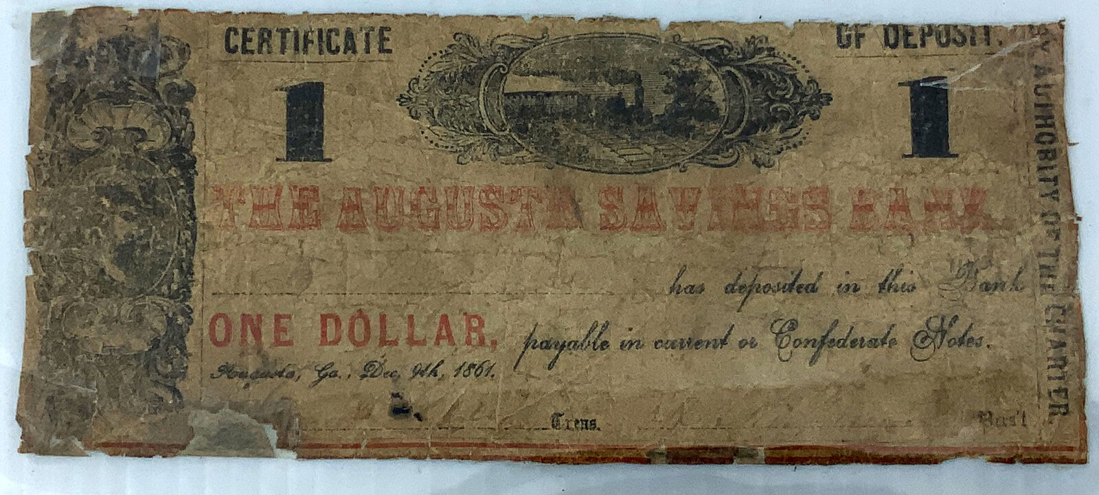 1861 USA Georgia BANK AUGUSTA SAVINGS Bank OLD ANTIQUE 1 Dollar Bill i114473