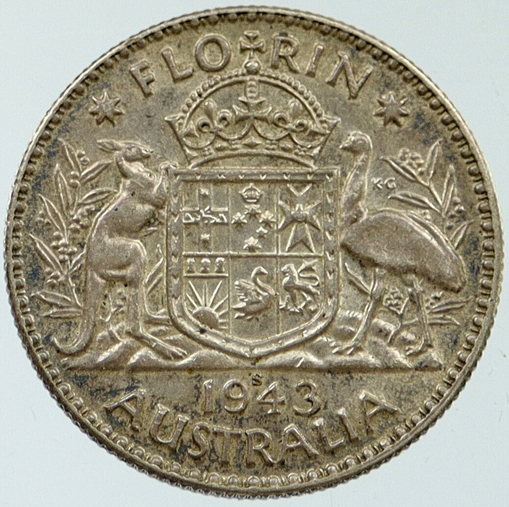 1943 S AUSTRALIA Large King George VI Kangaroos OLD Silver Florin Coin i116783