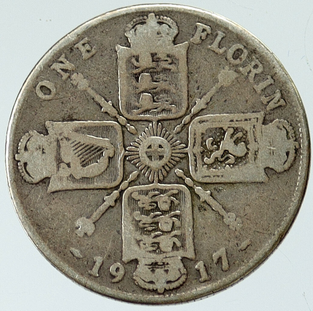 1917 GREAT BRITAIN UK United Kingdom King George V SILVER FLORIN Coin i116780