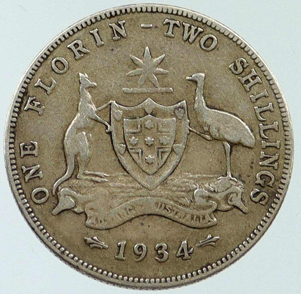 1934 AUSTRALIA - UK King George V Kangaroo Silver Florin Australian Coin i116782