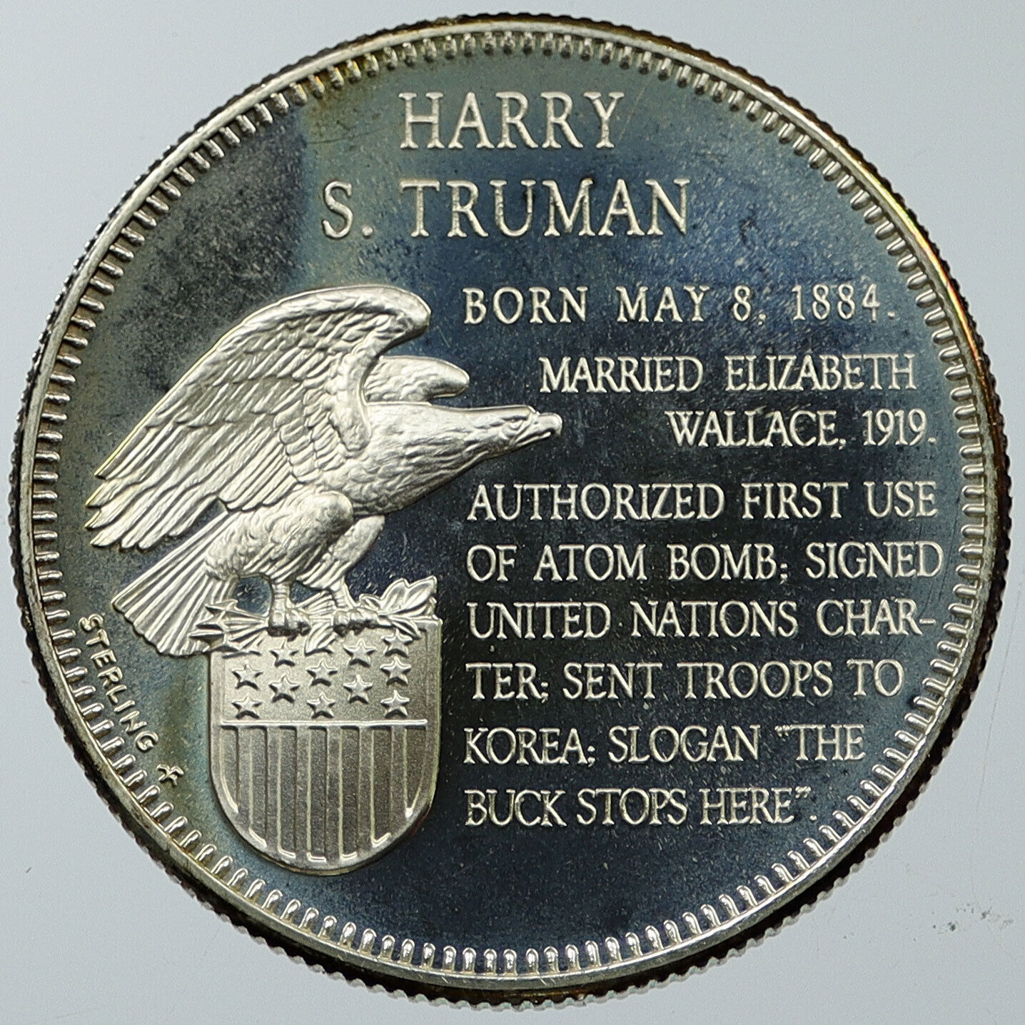 1970 USA United States PRESIDENT HARRY TRUMAN Old FM Proof Silver Medal i116621