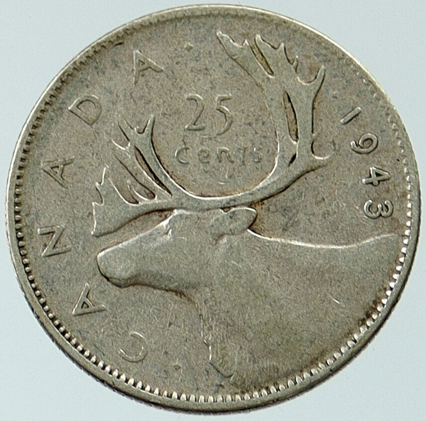 1943 CANADA King George VI Britain ANTLERS CARIBOU Silver 25 Cent Coin i116814
