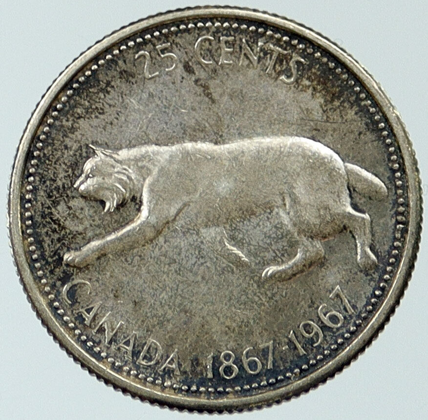 1967 CANADA Confederation Centennial Silver 25 Cents Coin LYNX Wild Cat i116817