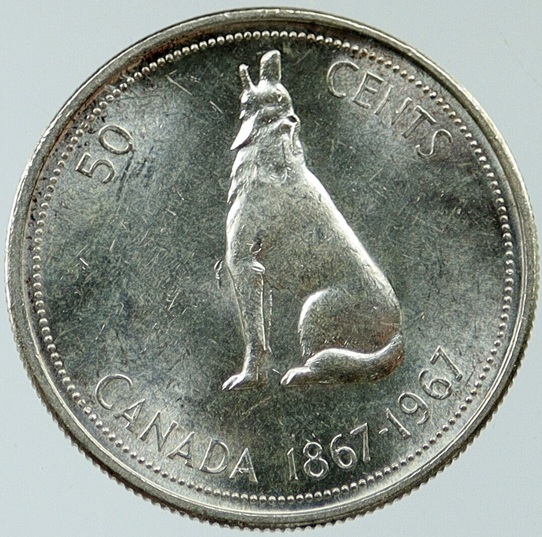 1967 CANADA Queen ELIZABETH II Wolf Howls Vintage Silver 50 Cents Coin i116803