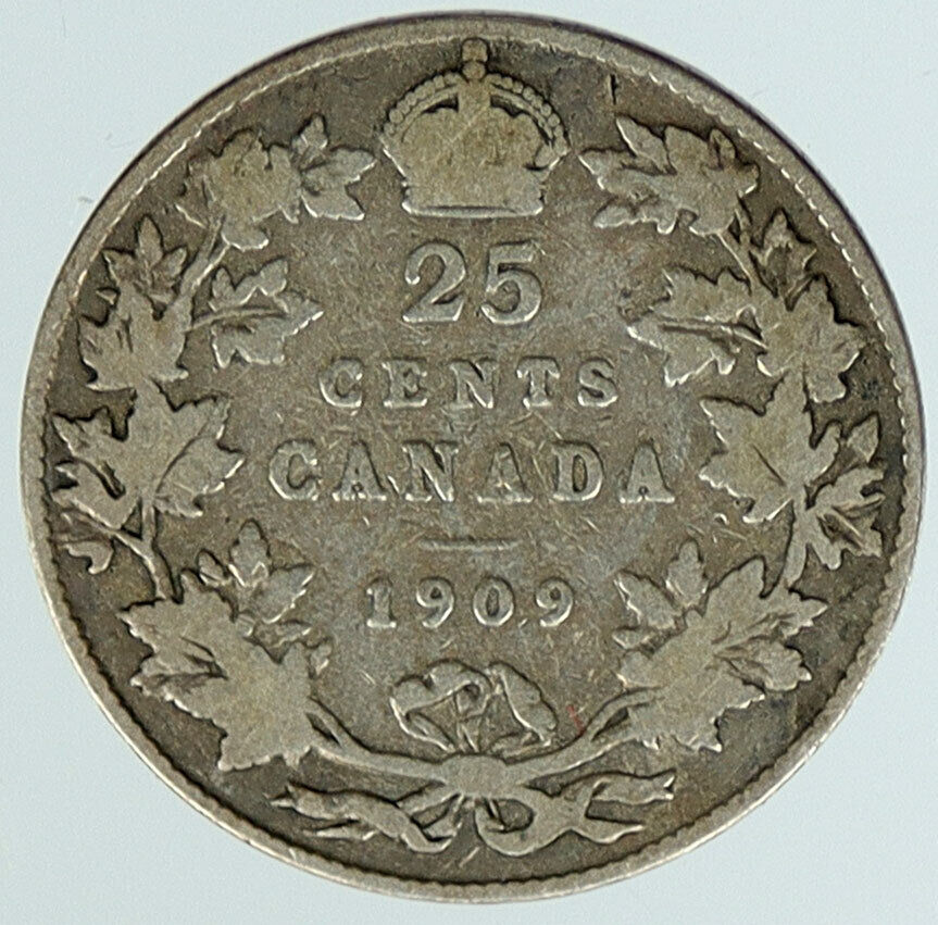1909 CANADA UK King Edward VII Crown RARE ANTIQUE Silver 25 CENTS Coin i116813