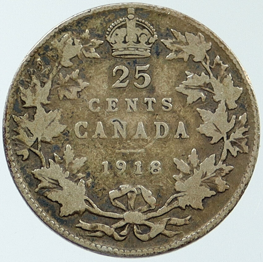 1918 CANADA UK King George V VINTAGE Antique RARE SILVER 25 CENTS Coin i116812