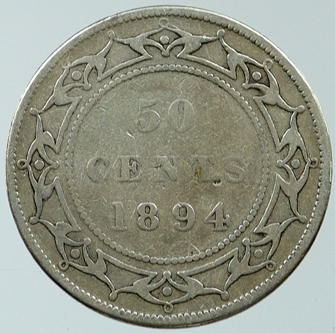 1894 CANADA NEWFOUNDLAND UK Queen VICTORIA Antique Silver 50 Cents Coin i116806
