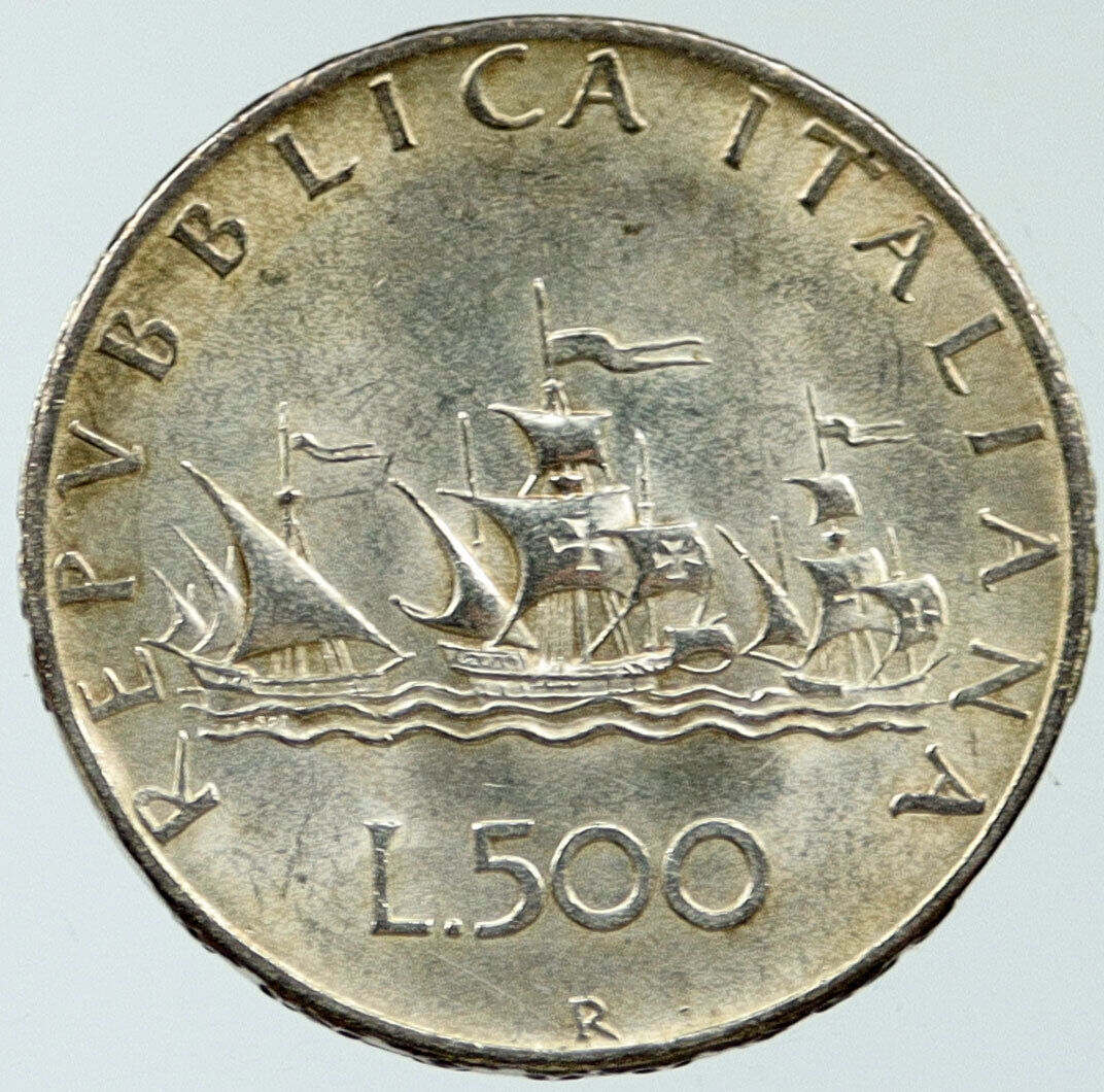 1958 ITALY CHRISTOPHER COLUMBUS Ship DISCOVER America SILVER 500 Lr Coin i116793
