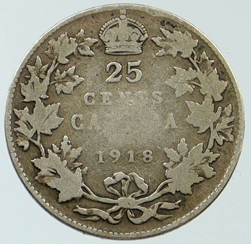 1918 CANADA UK King George V VINTAGE Antique RARE SILVER 25 CENTS Coin i116815