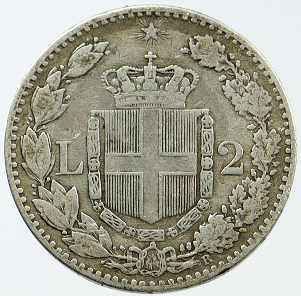 1884 R ITALY King Umberto I Antique VINTAGE Silver 2 Lire Italian Coin i116867