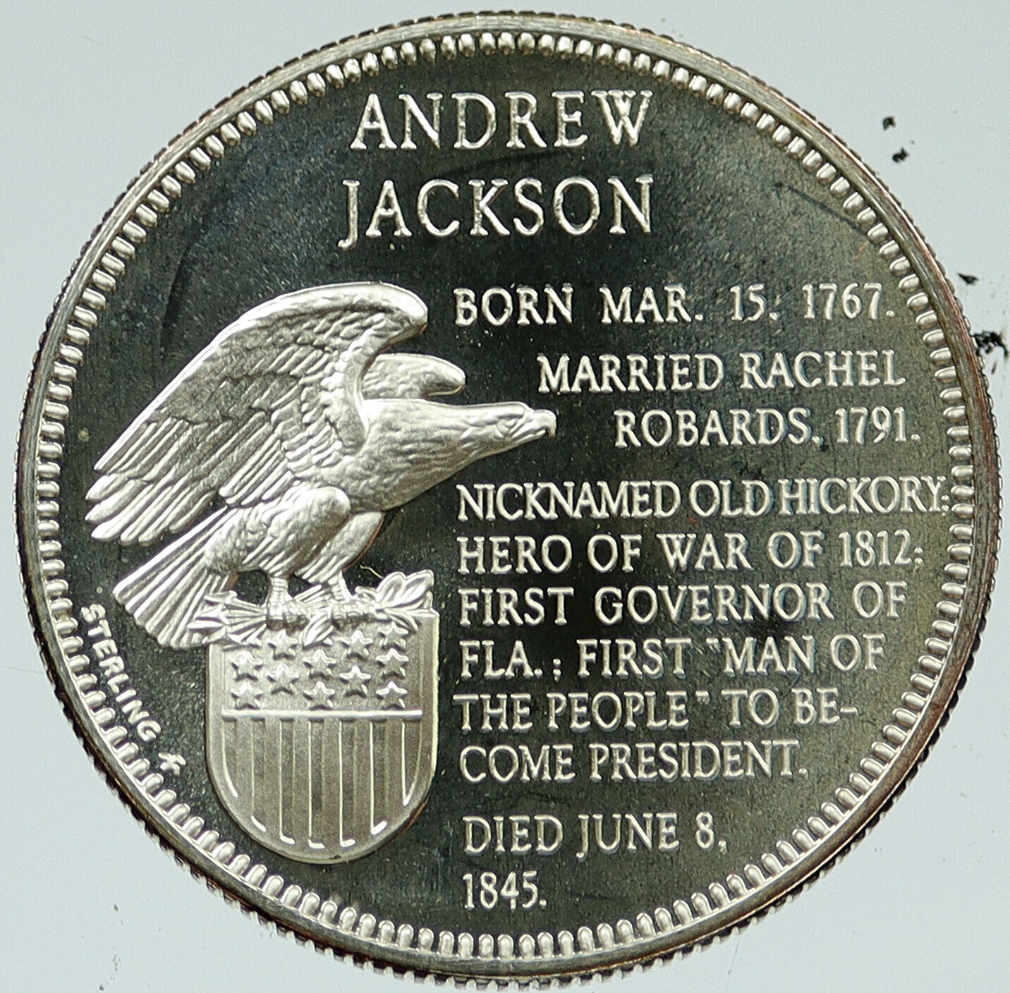 1970 US United States PRESIDENT ANDREW JACKSON Old FM Proof Silver Medal i116602