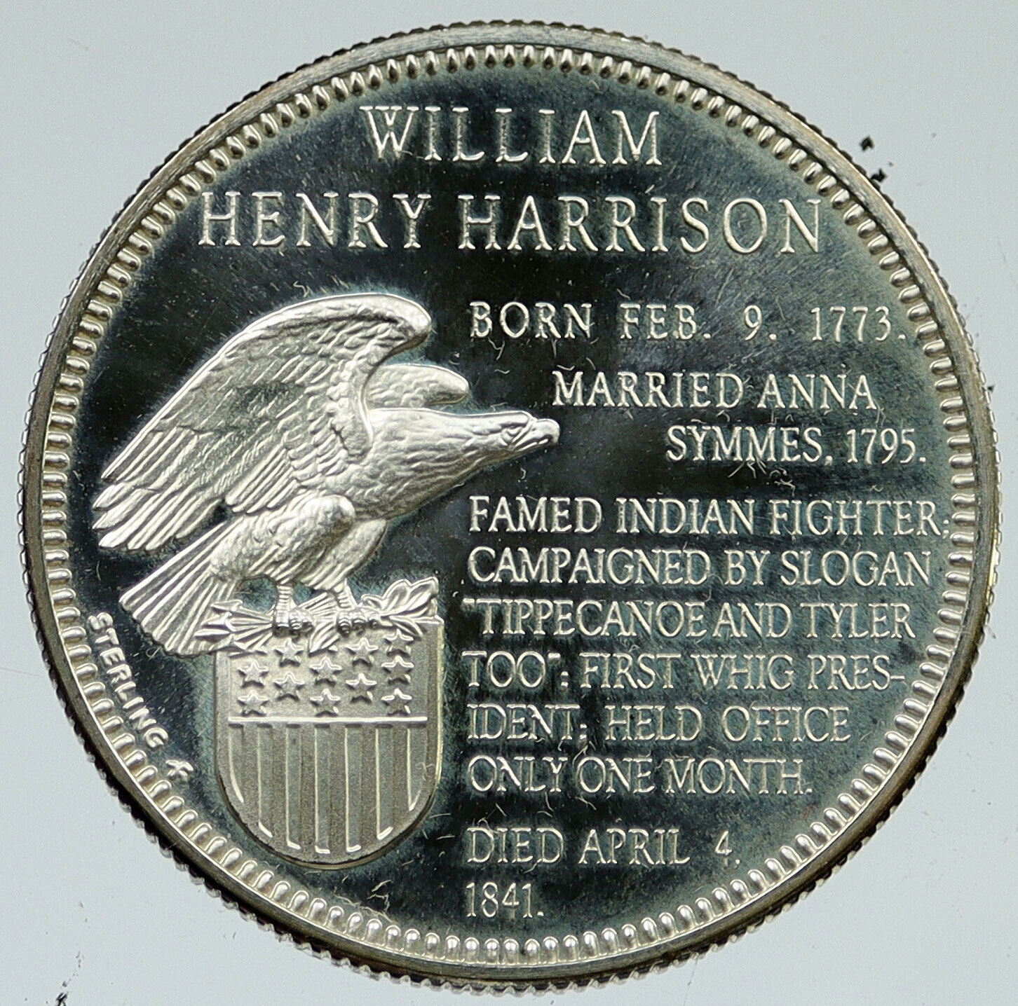 1970 US United States PRESIDENT WILLIAM HARRISON FM Proof Silver Medal i116605