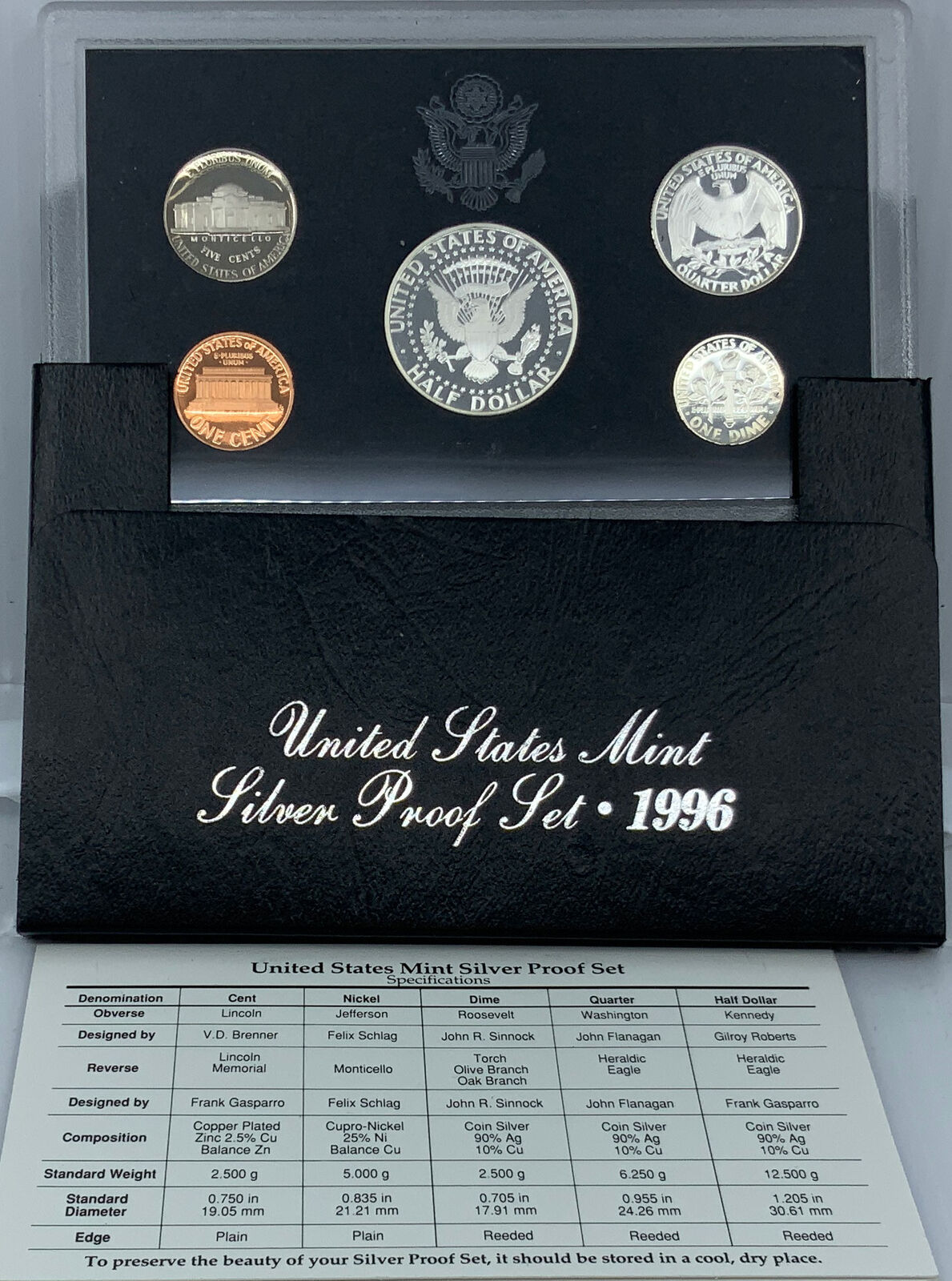 1996S US President JFK Proof Silver Half Dollar Quarter US Coin SET of 5 i114486