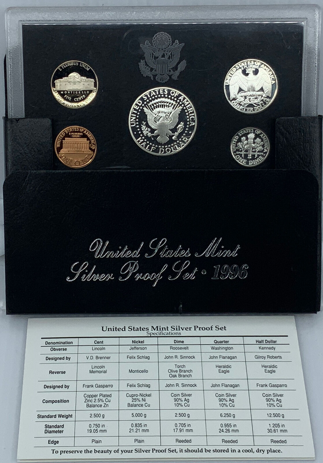 1996S US President JFK Proof Silver Half Dollar Quarter US Coin SET of 5 i114480