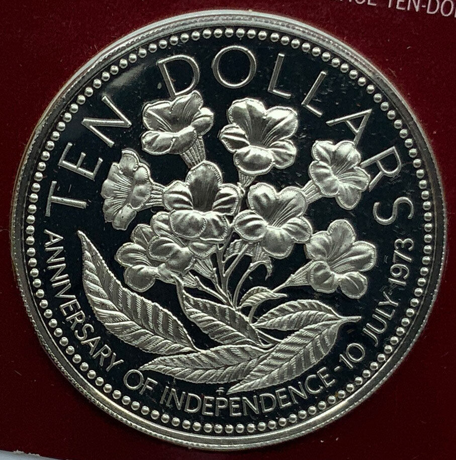 1975 The BAHAMAS Independence Flowers VINTAGE Old Proof Silver $10 Coin i116661