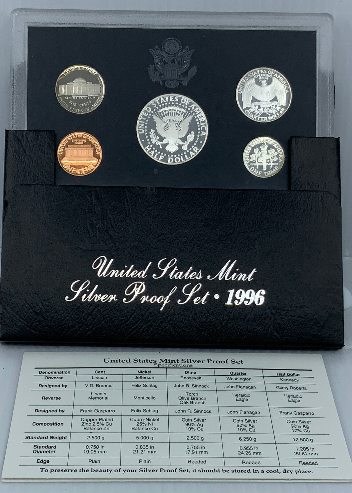 1996S US President JFK Proof Silver Half Dollar Quarter US Coin SET of 5 i114484