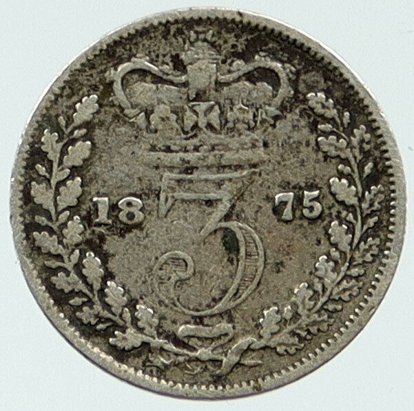 1875 UK Great Britain United Kingdom QUEEN VICTORIA 3 Pence Silver Coin i116971